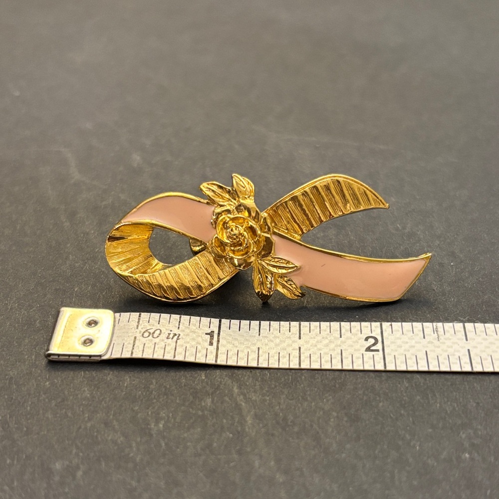 Avon Gold and Pink Floral Ribbon Brooch